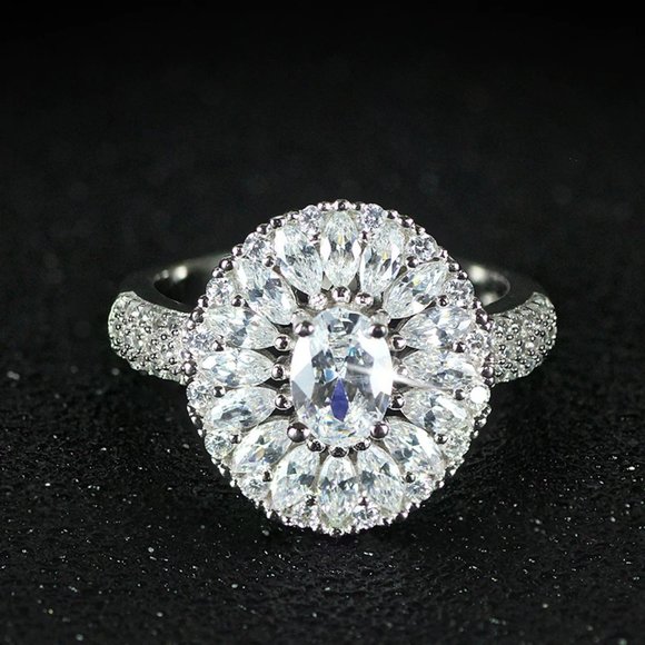 NEW 925 Sterling Silver Oval Diamond Halo Ring - Picture 3 of 5